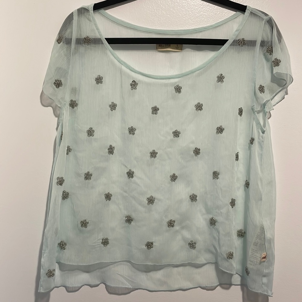 Vintage Hollister sheer mint shirt with embellished beaded flowers large